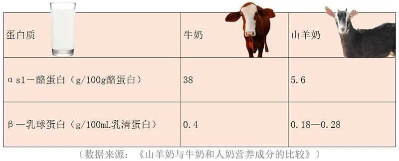 说明：乳制品中的2种主要过敏原，羊奶的含量更少。